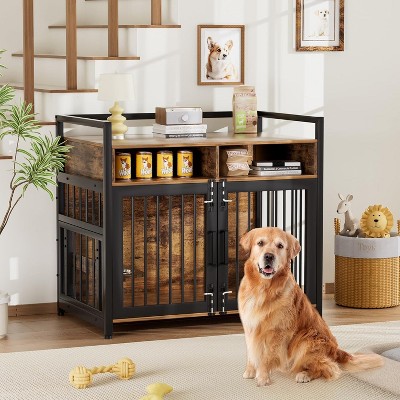 Acekool 48" Dog Crate Furniture - Adjustable Feeder & 2 Storage Shelves