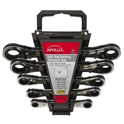 Apollo Tools 5pc DT1213 Metric Ratcheting Wrench Set: Steel, Dark Silver, Socket & Box End, Lifetime Warranty