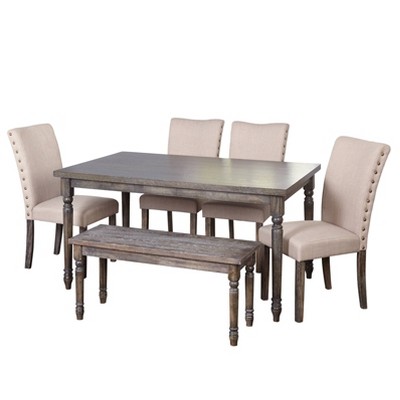 6pc Burntwood Parson Dining Set with Bench Weathered Gray - Buylateral: Rubberwood, Upholstered Chairs