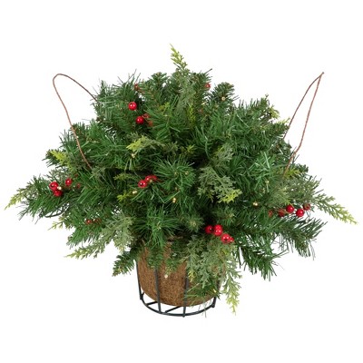 Northlight LED Lighted Red Berries and Mixed Pine Hanging Christmas Basket - 18"