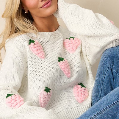 Women's Round Neck Long Sleeve Knit Sweater with Strawberry Embroidery Pullover Top,M,Apricot