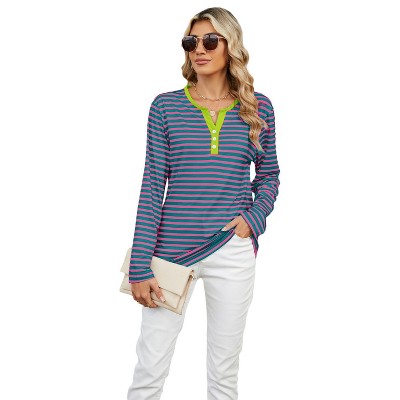 Coolmee Womens Long Sleeve Henley T Shirts Button Ribbed Knit Stripe Slim Fitted Tee Tops Basic Casual Work Blouse