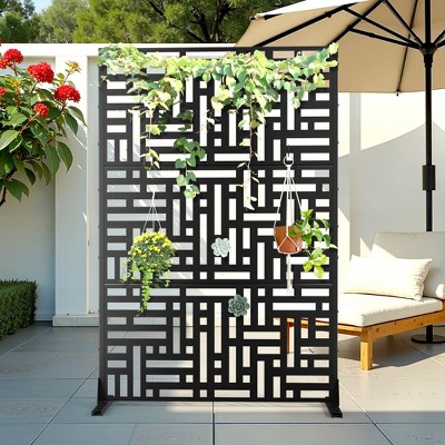 TOAOTBNBO Metal Privacy Screen with Stand, Decorative Privacy Fence Panels with Geometric Pattern, Outdoor Privacy Screen for Garden, Black