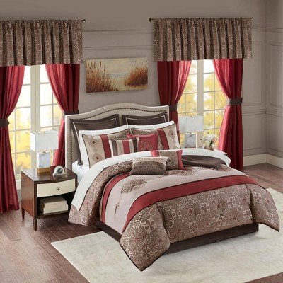 24 Piece Room In A Bag Bedding Set, All Season Luxury Jacquard Pattern Premium Faux Silk Bedding, Comforter, Sheets, Decorative Pillows, Window Valances, Elegant Design Bedding Comforter Set, Royal Style RIAB Bed Set
