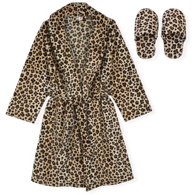 Sleep On It Girls Leopard Plush Fleece Shawl Collar Robe with Matching Fleece Slippers