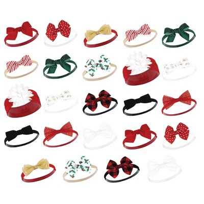 Hudson Baby Infant Girl Cotton and Synthetic Headbands Bundle Set, 12 Days Of Christmas Holly, 0-24 Months