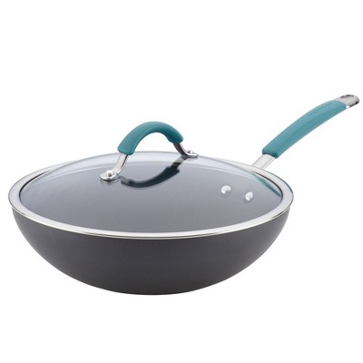 Rachael Ray 11" Hard-Anodized Nonstick Covered Stir Fry Pan - Gray with Agave Blue: Dishwasher-Safe Silicone with Stainless Steel Handle