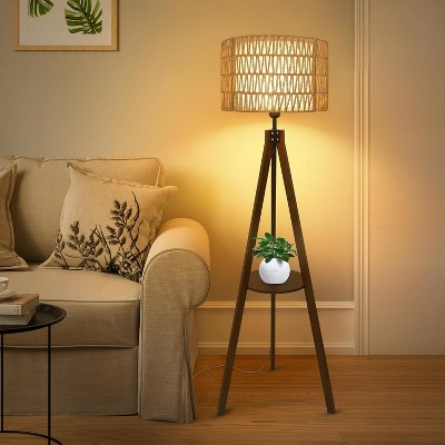 GDFStudio Charlotte Boho Wood Tripod Floor Lamp with Built-in Shelf and Double Shade