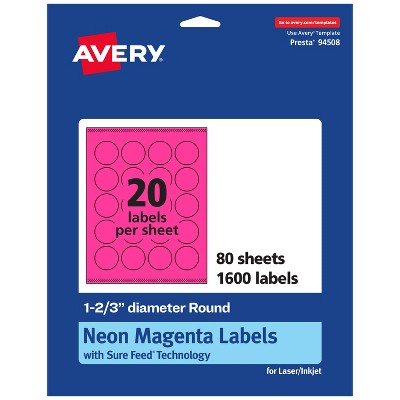 Avery Neon Magenta Paper Labels, 1-2/3" Diameter Round