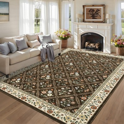 Modern Washable Area Rug, Floral Foldable Area Rug with Non Slip Backing, Low Pile Stain Resistant Soft Carpet for Bedroom Dining Room