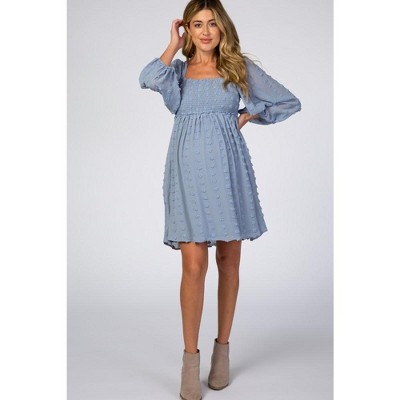 PinkBlush Light Blue Textured Dot Smocked Square Neck Chiffon Maternity Dress