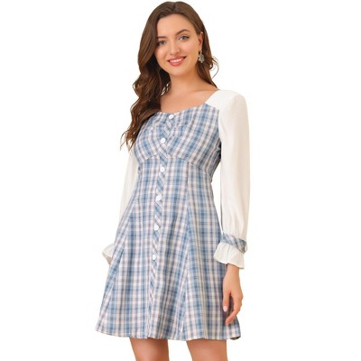 Allegra K Women's Plaid Sweetheart Neck Elegant Button Decor A-Line Party Mini Dress