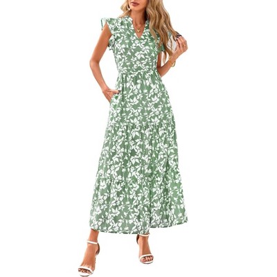 Coolmee Women's Summer Floral Midi Dress Casual Cap Sleeve V Neck Ruffle Tiered Flowy Boho Long Sundresses