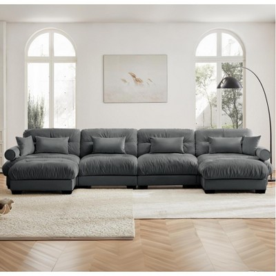 Christopher Knight Home Chasel  Modern 4 Seater Velvet 166" U Sofa with Bolstered Armrests and Two Movable Ottomans