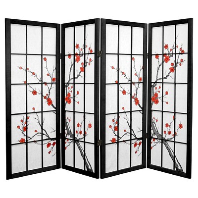 4 ft. Tall Cherry Blossom Shoji Screen - Black (4 Panels): Oriental Furniture Asian Privacy Partition