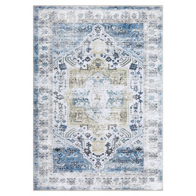 Washable Vintage Oriental Rug Non Slip Low Pile Rug Soft Throw Floor Cover Retro Medallion Foldable Indoor Carpet for Living Room Bedroom Nursery