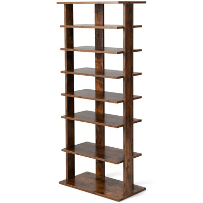 Tangkula 7-Tier Double Rows Shoe Rack Vertical Wooden Shoe Storage Organizer Rustic Brown/White