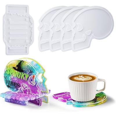JDICTION 4Pcs Skull Resin Coaster Molds with Holder - Halloween Silicone for Epoxy Casting, Skull Coaster Decoration, DIY Gift Crafts