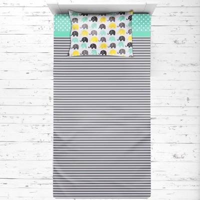Bacati - Elephants Mint Yellow Gray 3 pc Toddler Bed Sheet Set
