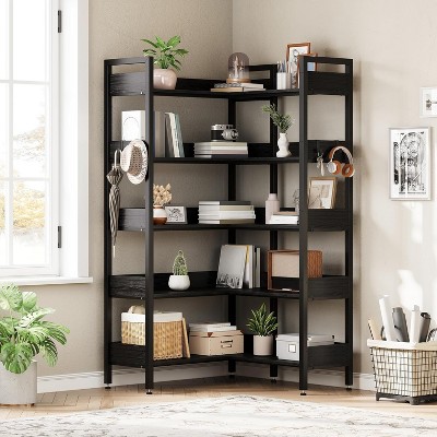 Corner Bookshelf, 5-Tier Bookshelves with 4 Hooks, Convertible Bookshelf, Industrial Wooden Bookcase with Open Shelves and Metal Frame
