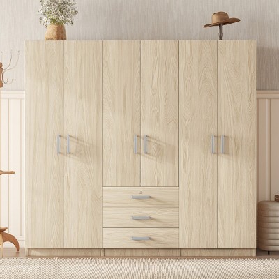 Wooden 6-Door Armoire Closet with 3 Drawers, Wardrobe with Shelves for Hanging Clothes and Storage-Maison Boucle
