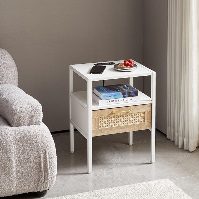 KTMBDW Rattan Nightstand,Modern Night Stand Boho Wood Bedside Table with Storage Drawer Side End Table for Bedroom,Living Room