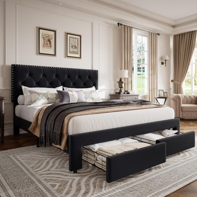 King Size Bed Frame with 2 Storage Drawers, Vintage Velvet Upholstered Bedframe with Button Tufted Rivets Headboard, No Box Spring Needed