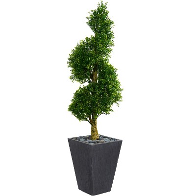 Nearly Natural 5-ft Boxwood Spiral Topiary Artificial Tree in Slate Planter UV Resistant (Indoor/Outdoor)