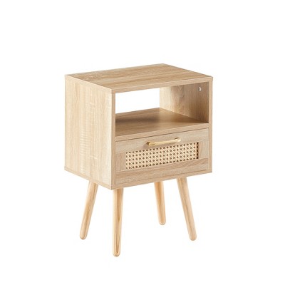 XINGHANZHENXUAN Black Modern Rattan End Table with Drawer, Solid Wood Legs Nightstand for Living Room & Bedroom