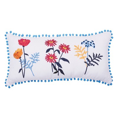 carol & frank Lola Boho Embroidered Floral Cotton Decor Throw Pillow, 12" x 24" with Pom Pom Edges