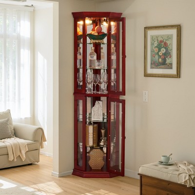 SpassWay 70"H Living Room Corner Display Cabinet with Glass Shelves Lighting Cherry and Oak