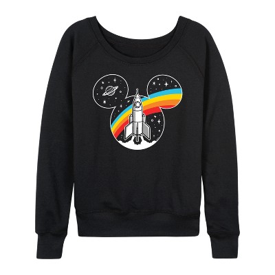 Women's - Disney - Retro Space Ear Silhouette with Rocket Lightweight French Terry Wide Neck Long Sleeve Graphic Shirt