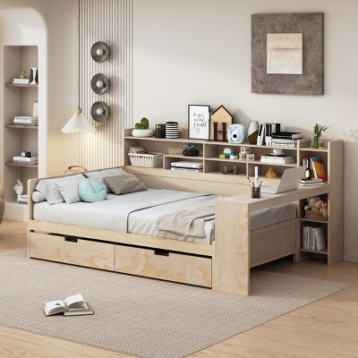 Wooden Full Size Bed Frame With Storage Shelves And 2 Storage Drawers,Multi-functional Bed With A Study Desk -Maison Boucle