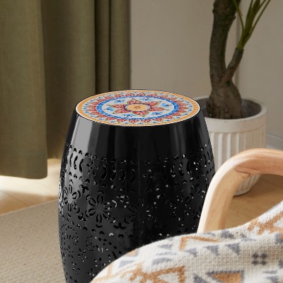 CAVINAS Flower Patten Ceramic Tile Outdoor Patio End Table,Waterproof Small Side Table for Patio,Garden,Balcony