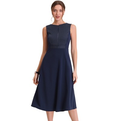 Allegra K Women's Striped Crew Neck Sleeveless A-Line Midi Work Office Dress