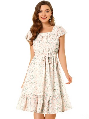 Allegra K Women's Flutter Sleeve Belted Square Neck Floral Chiffon Ruffle Dress