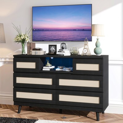 TROPOW Rattan Dresser for Bedroom with 6 Drawers, Natural Wood Durable Dressers & Chests of Drawers with LED Light and Charging Station, TV Stand
