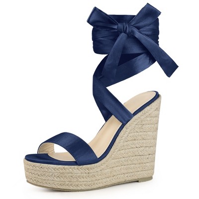 Perphy Women's Platform Espadrilles Satin Lace Up Bow Wedges Sandals