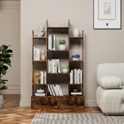 YONWAY 9 Layer Tree Shaped Bookshelf Freestanding Storage Organizer Shelves, Utility Wood Bookcase with Drawer for Offices, Living Rooms, Studies