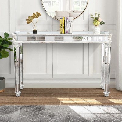 48" Black Mirror Console Table Vintage Wood Grain Carving Process Gorgeous and Noble for Entryway, Sofa Table,Living Room(48''W x 32.3''H x 18D)