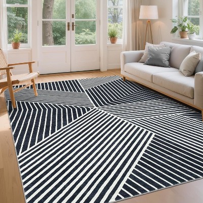 Large Dining Room Rug Striped Bedroom Carpet with Non-Slip Backing, Stain-Resistant Soft Low Pile Floor Rug, Foldable Geometric Indoor Mats