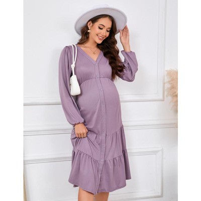 Women's Maternity V Neck Dress Casual Ruffle Long Sleeve Button Down Midi Fall Dresses for Baby Shower Photoshoot