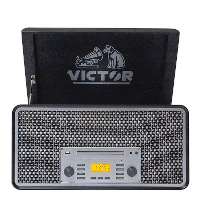Victor® Monument Dual-Bluetooth® Belt-Drive 8-in-1 Music Center with Turntable, CD, and Cassette Player, VWRP-5000-GR in Silver