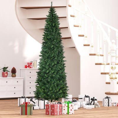 Whisen 9FT Pencil Artificial Christmas Tree with 1298 Branches, Auto Open, Steel Base, Pine Needles - Green