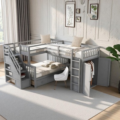 Merax L-Shaped Triple Bunk Bed with Twin Over Twin and Full Bed