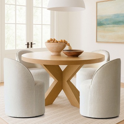 Set of 4 Chenille Dining Chairs with Casters, Upholstered Barrel Chairs, Rolling Seats for Kitchen or Round Dining Table-Maison Boucle
