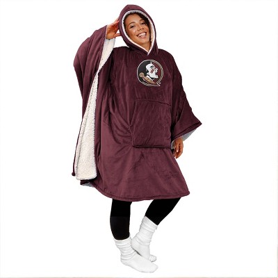 NCAA Florida State Seminoles Team Color Bloncho with Logo Patch and Faux Shearling Inside Throw Blanket