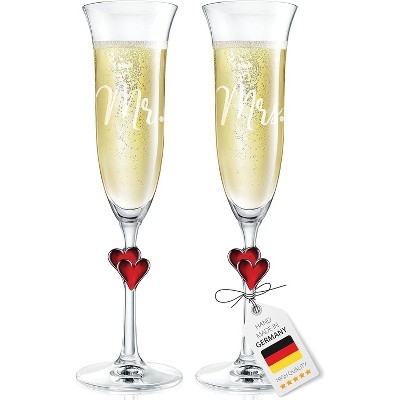 BENETI Mr and Mrs Champagne Flutes, Handmade Crystal Glasses, Red Hearts, 6oz, Set of 2 - Made in Germany