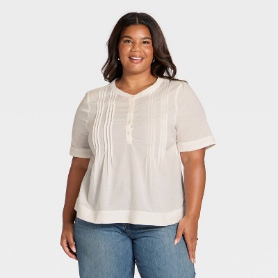 Women's Elbow Sleeve Button-Front Pintuck Blouse - Universal Thread™