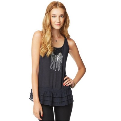 Aeropostale Womens Semi Sheer Sequin Front Tank Top